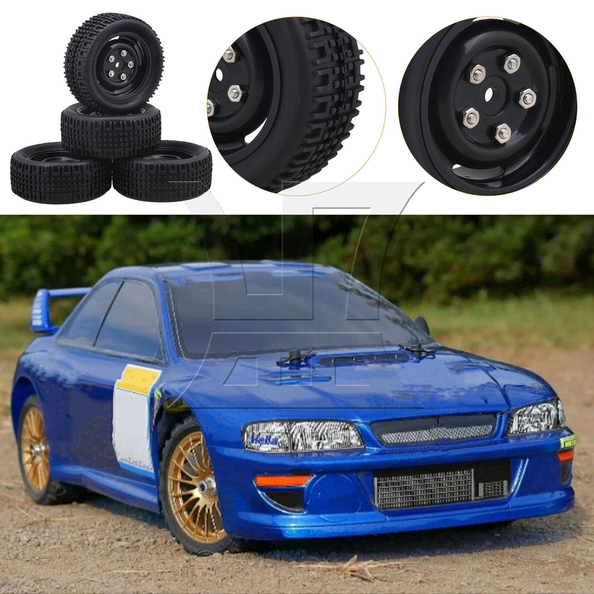 BQLZR 4pieces RC1:10 On Road Car Rally Car U Rubber Tyres + 4-Hole Wheel Rims 20662