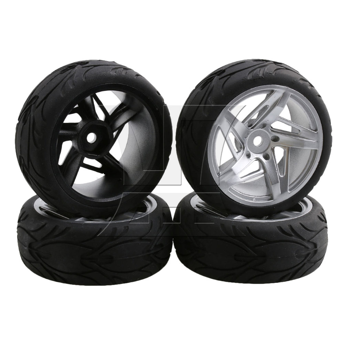 BQLZR 4PCS RC 1:10 On Road Car 12mm Silver Plastic 3D Five-star Wheels & Rubber Tire
