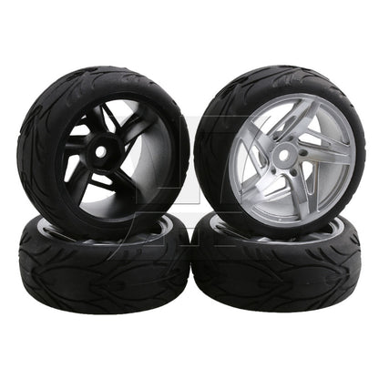 BQLZR 4PCS RC 1:10 On Road Car 12mm Silver Plastic 3D Five-star Wheels & Rubber Tire