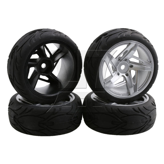 BQLZR 4PCS RC 1:10 On Road Car 12mm Silver Plastic 3D Five-star Wheels & Rubber Tire