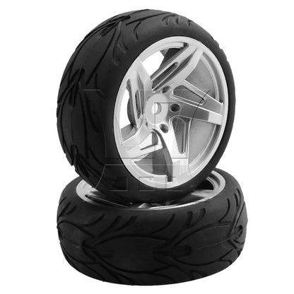 BQLZR 4PCS RC 1:10 On Road Car 12mm Silver Plastic 3D Five-star Wheels & Rubber Tire
