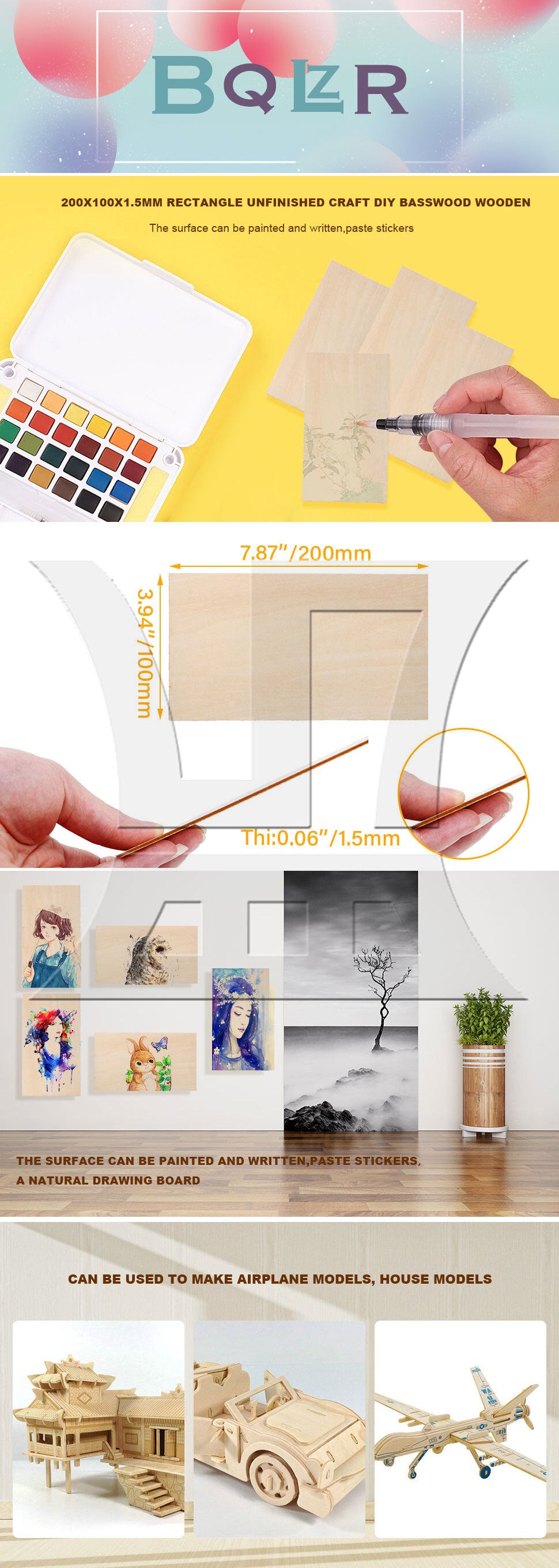 BQLZR 5pcs 200x100x1.5mm Craft Unpainted Wooden Sheets DIY Building Model Mini House
