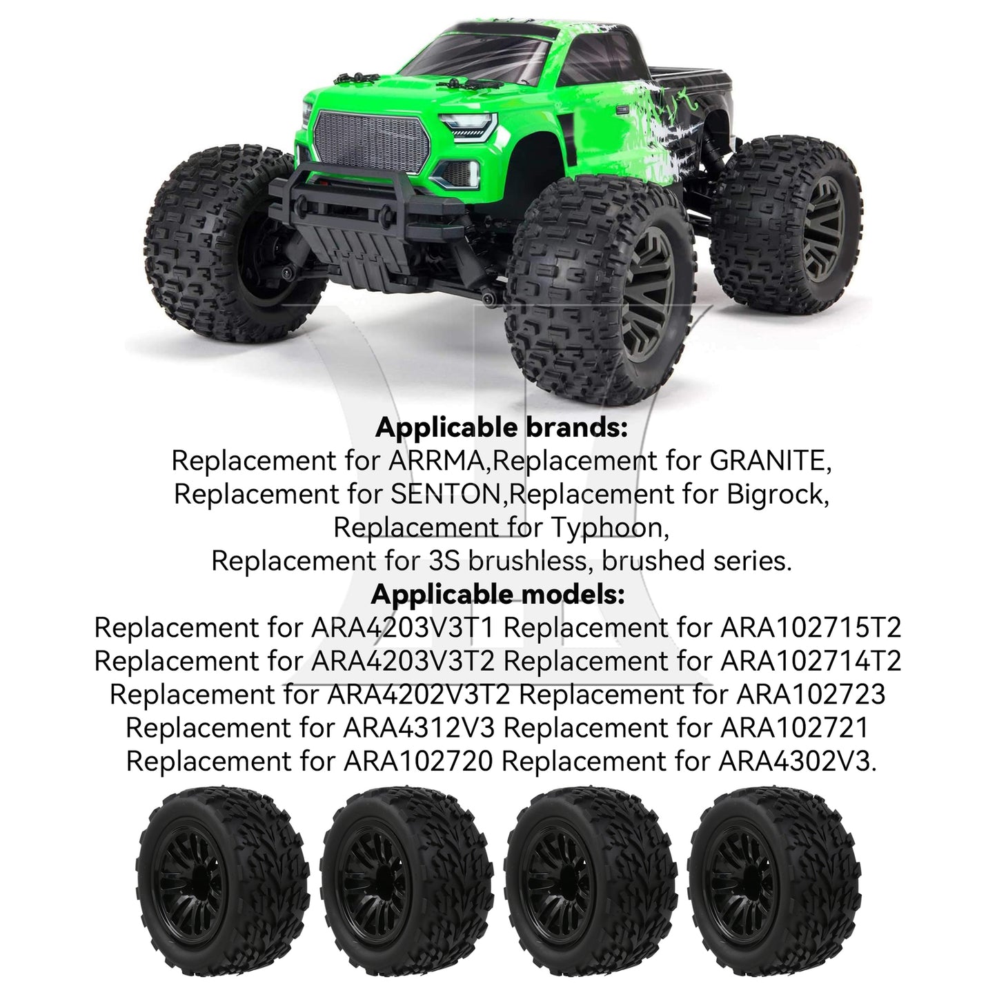 BQLZR 4Pieces RC1:10 Wheels Tires 12mm Hex Replacement for ARRMA ARA4203V3T1 Black