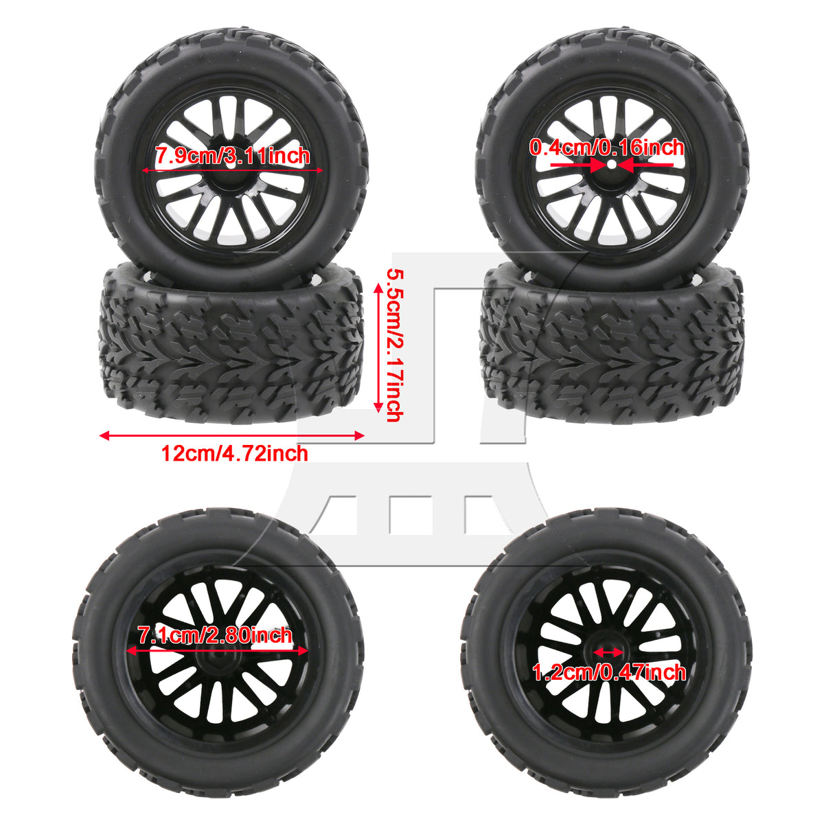 BQLZR 4Pieces RC1:10 Wheels Tires 12mm Hex Replacement for ARRMA ARA4203V3T1 Black