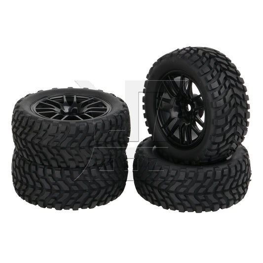BQLZR 4PCS RC1:10 Flat Run Pulling Car Tire Pulling Tire Leather and 14 spoke Black Wheel Hub (20610)