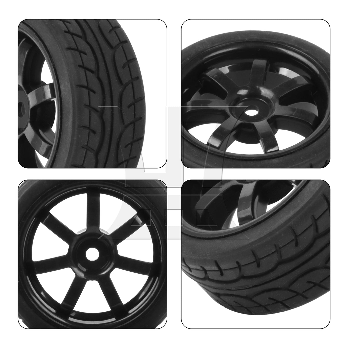 BQLZR 4 Pieces RC 1:10 Rubber Tyre and Plastic 7-Spoke Wheel Rim for On Road Black