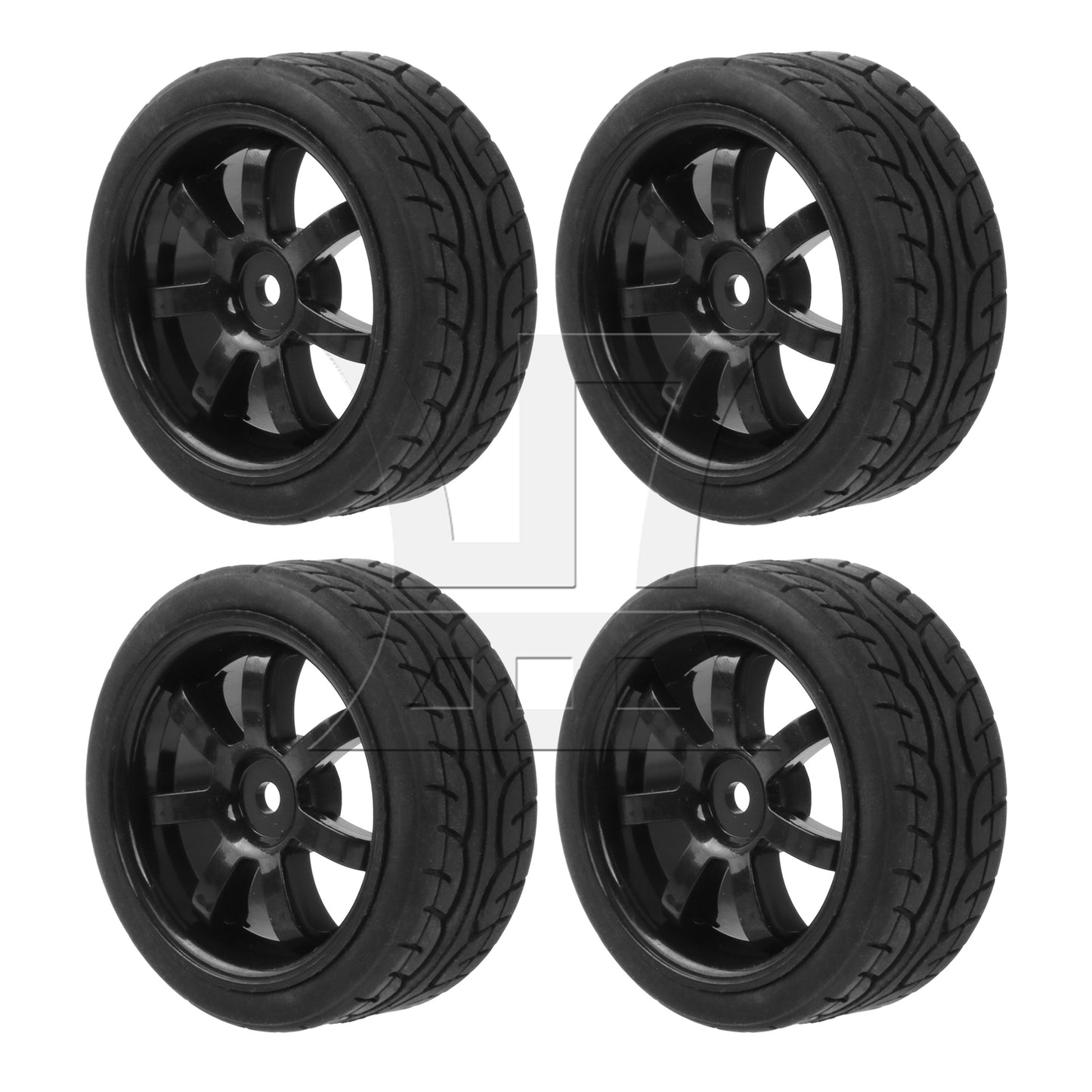 BQLZR 4 Pieces RC 1:10 Rubber Tyre and Plastic 7-Spoke Wheel Rim for On Road Black