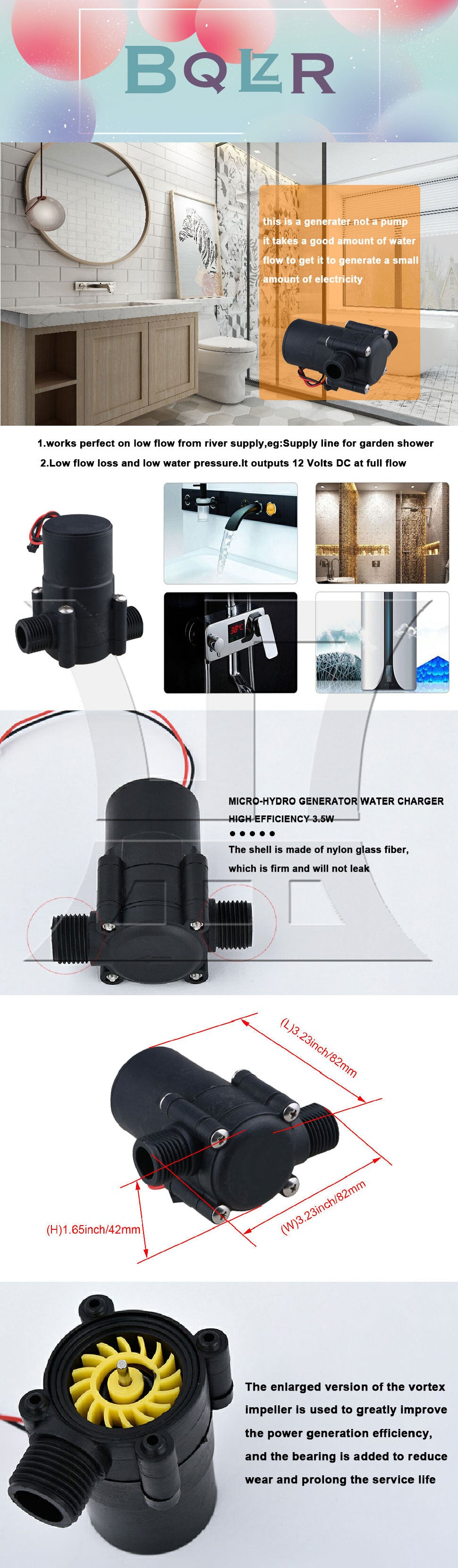 BQLZR Small Micro-hydro Flow Generator Water Charger High Efficiency Black