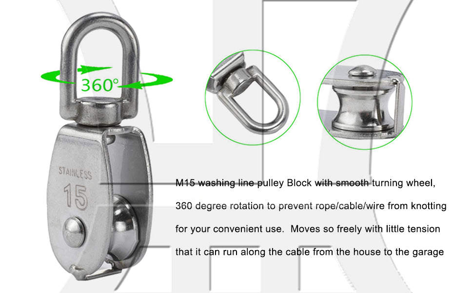 BQLZR Silver M15 Stainless steel 304 Single Wheel Swivel Pulley Block 15mm