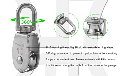 BQLZR Silver M15 Stainless steel 304 Single Wheel Swivel Pulley Block 15mm