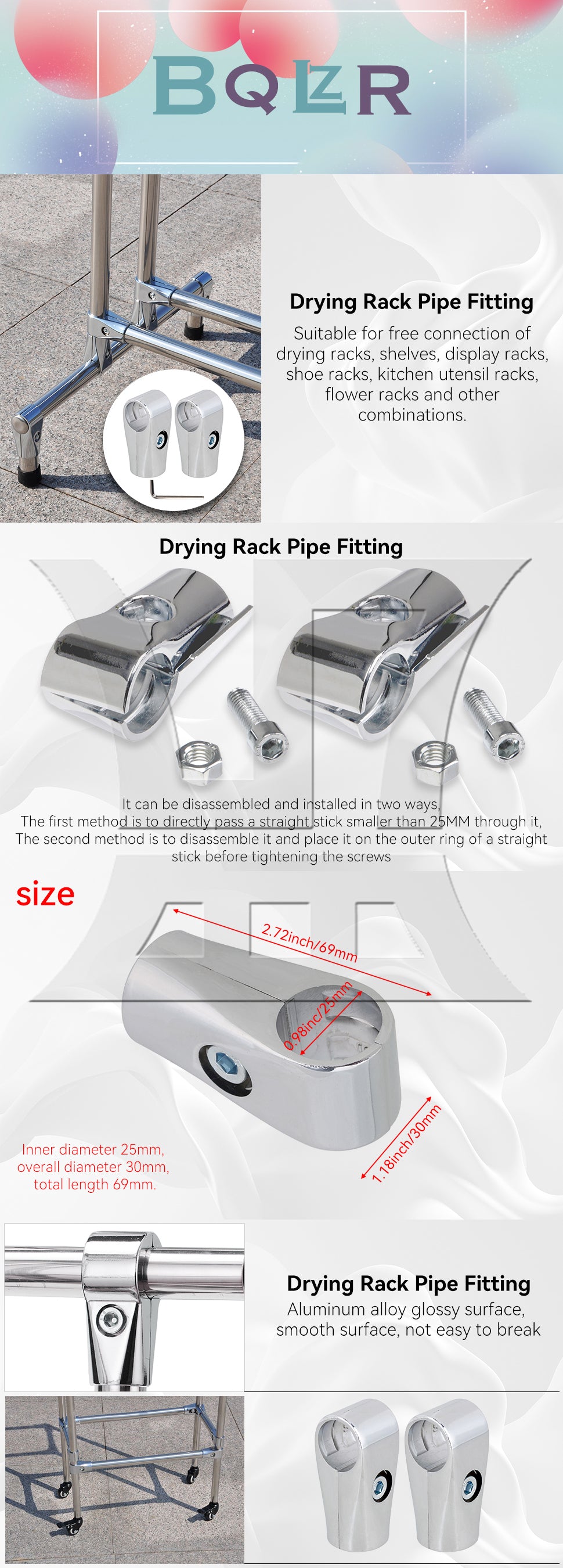 BQLZR  Metal Drying Rack Pipe Fittings Two-way Connector 0.98inch Silver