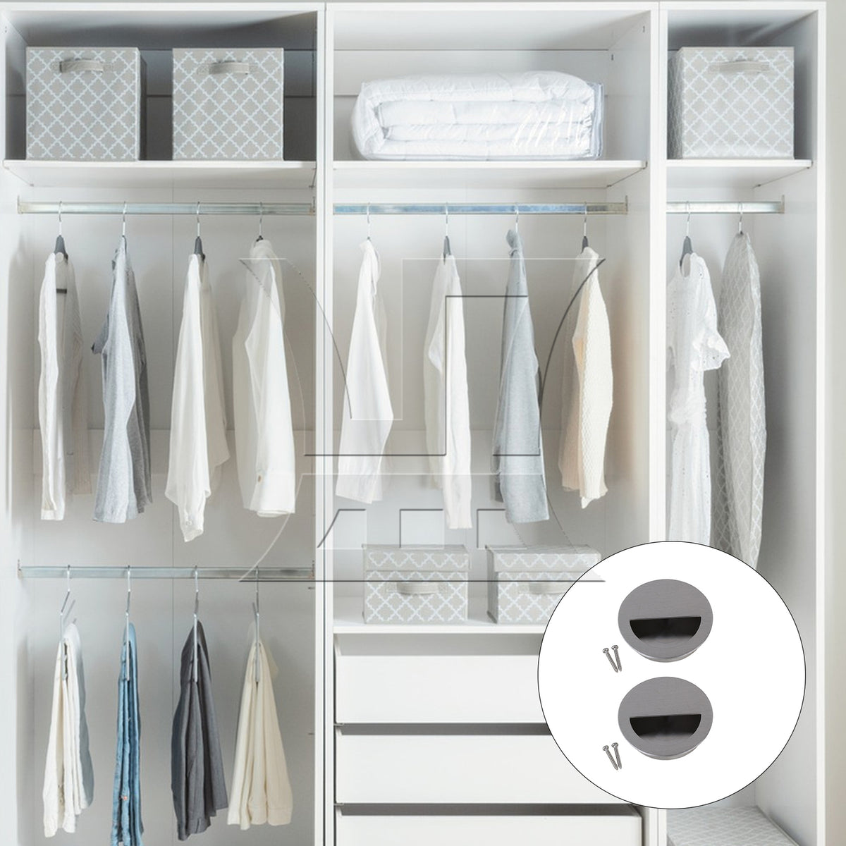 BQLZR Silver Circle Flush Concealed 304 Stainless Steel Closet Knob OD 70mm/2.76"
