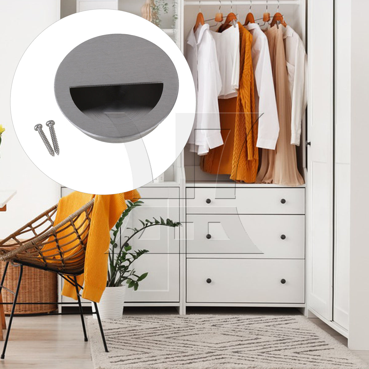 BQLZR Silver Circle Flush Concealed 304 Stainless Steel Closet Knob OD 70mm/2.76"