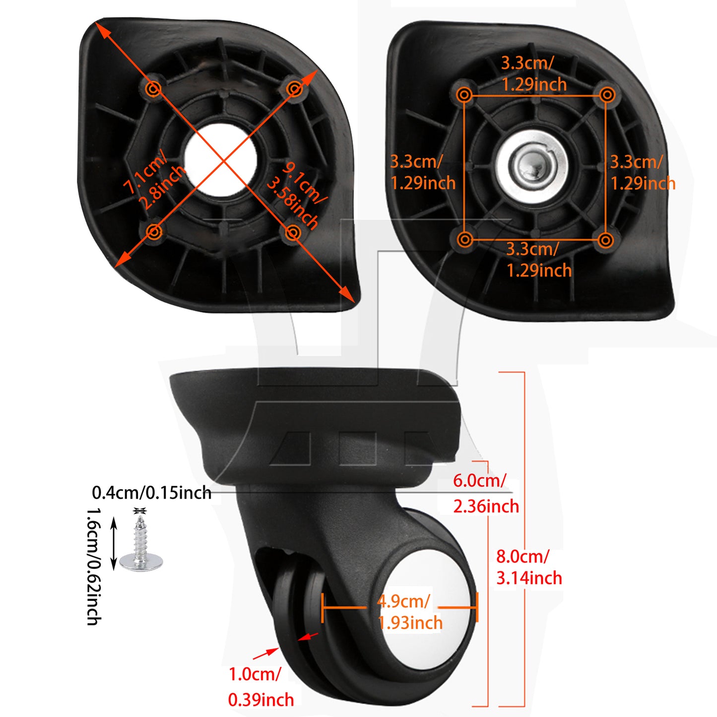 BQLZR 1 Left & 1 Right 95x92x50cm Black DIY Caster Wheel with 4 Holes