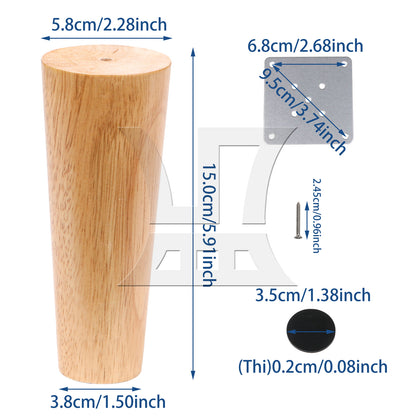 BQLZR 4Pieces 5.9x2.28Inch Wooden Furniture Legs for Sofa Chairs w/ Mounting Plate