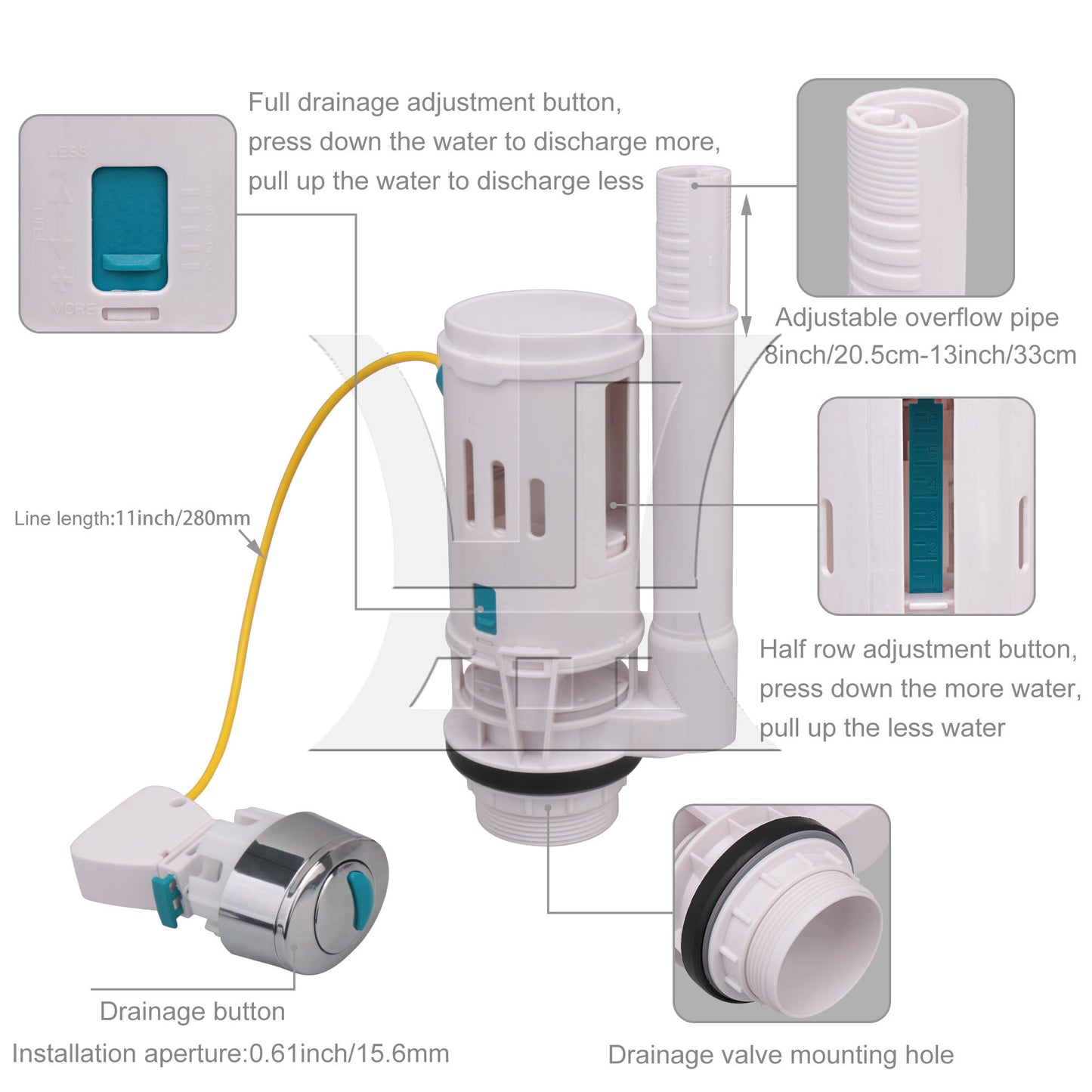 BQLZR Toilet Cistern Push Button Flush Valve for 2.36-2.95Inch Drainage