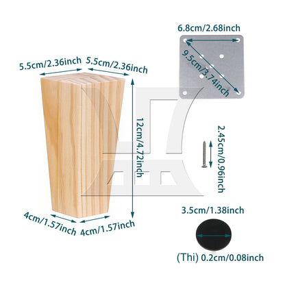 BQLZR  Trapezoidal Pine Wooden Furniture Leg 4.72" with Mounting Part Wood Color