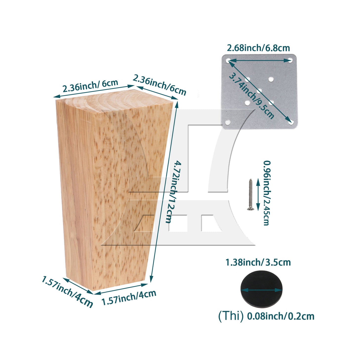 BQLZR Solid Wood Trapezoidal Furniture Leg & Mount Plate & Screw & Pad 4.72"