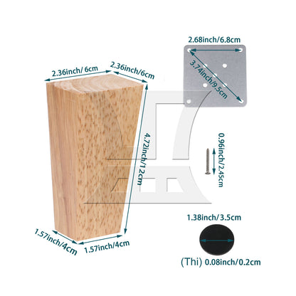 BQLZR Solid Wood Trapezoidal Furniture Leg & Mount Plate & Screw & Pad 4.72"