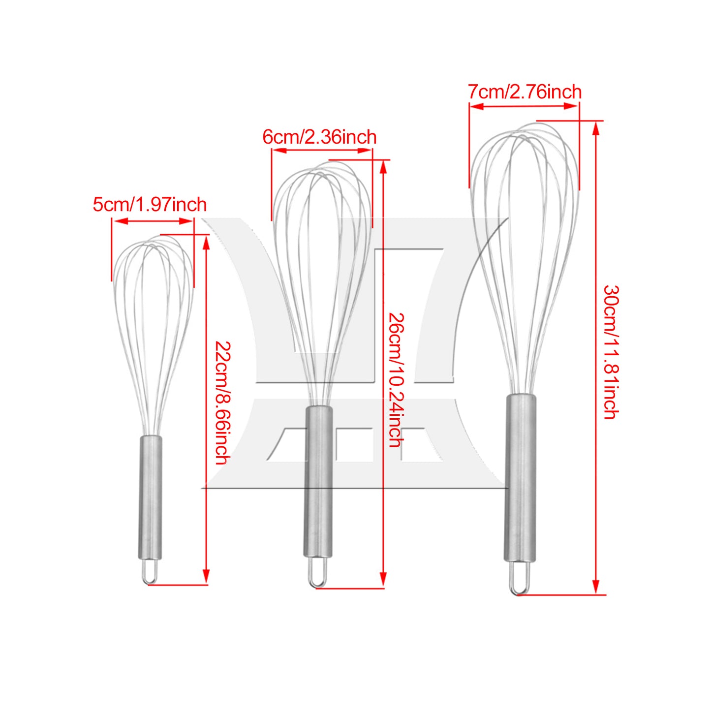 BQLZR 3Pcs Steel Beat Mix Wire Whisk 8/10/12Inch set for Manual Home Cakes Baking