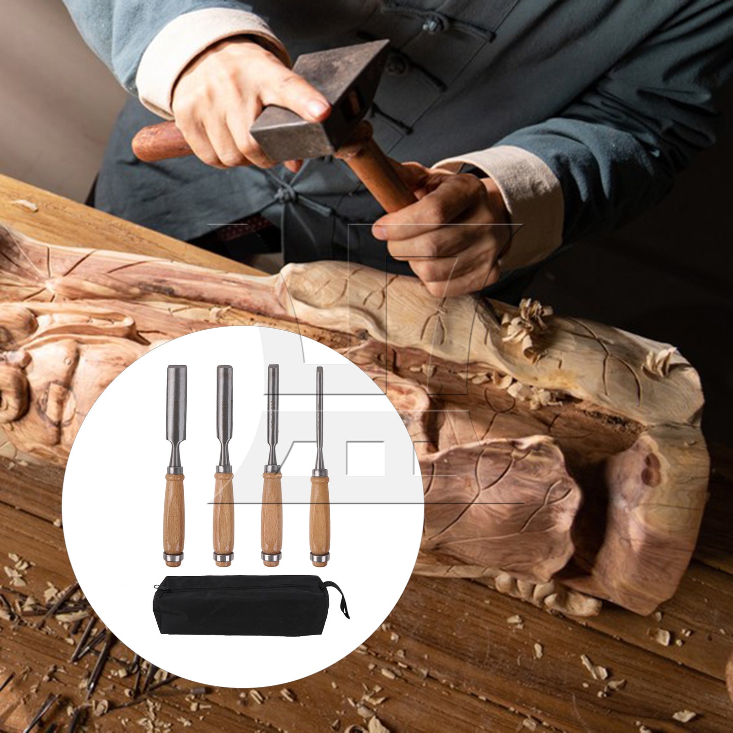 BQLZR Wood Chisels High Carbon Steel 0.24" 0.47" 0.71" 0.94" Set with Storage Bag