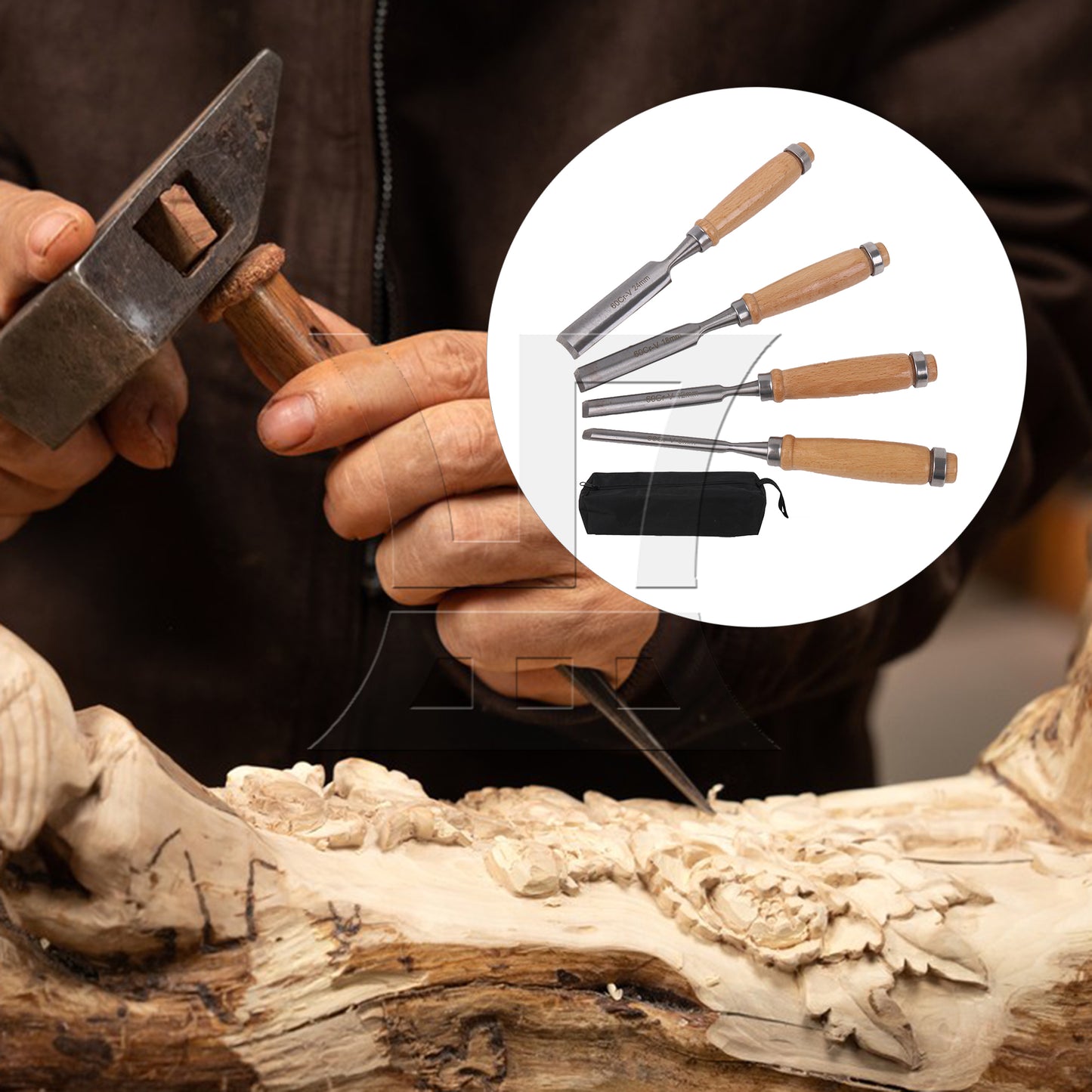 BQLZR Wood Chisels High Carbon Steel 0.24" 0.47" 0.71" 0.94" Set with Storage Bag