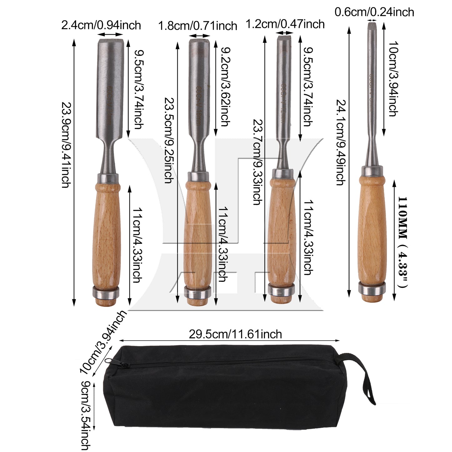 BQLZR Wood Chisels High Carbon Steel 0.24" 0.47" 0.71" 0.94" Set with Storage Bag