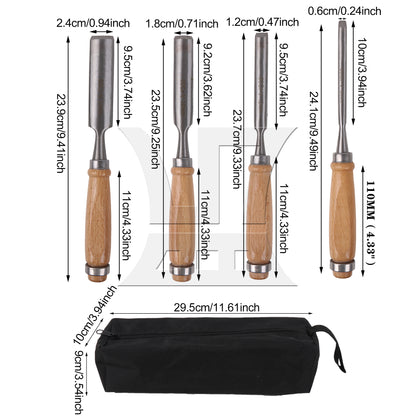 BQLZR Wood Chisels High Carbon Steel 0.24" 0.47" 0.71" 0.94" Set with Storage Bag