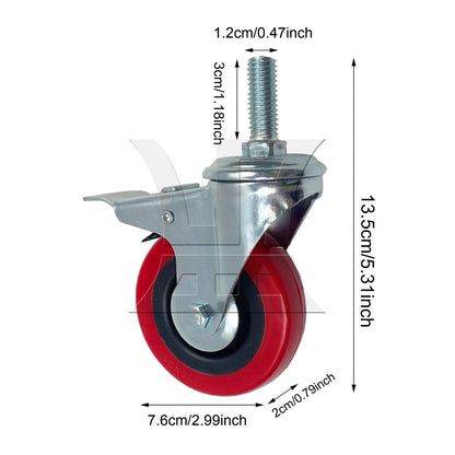 BQLZR 1pc Cart Thread Rod Swivel Caster with Brake 3inch Red for Handcart Furniture