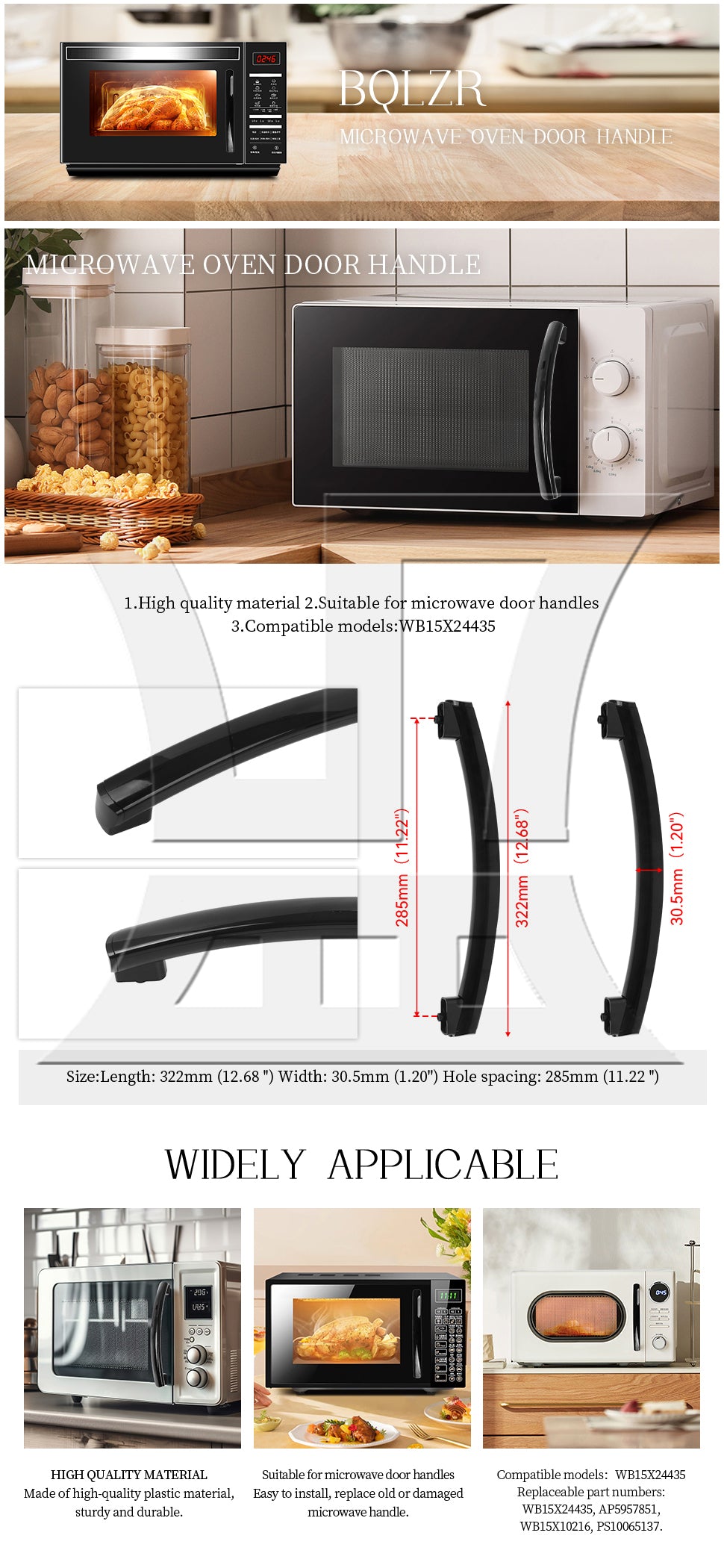 BQLZR Plastic Door Handle 11.22" Replacement for AP5957851 Microwave Oven Repair