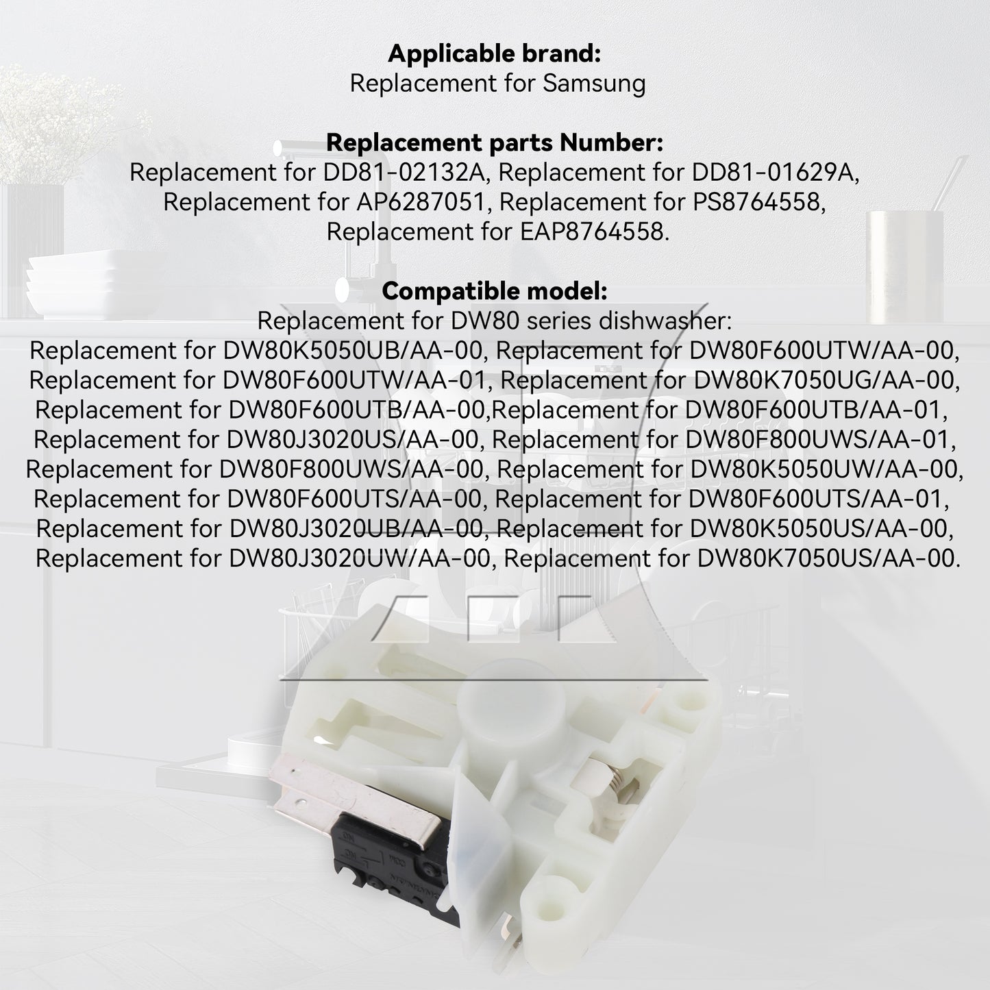 BQLZR Plastic Dishwasher Door Switch Latch Replacement for AP6287051 White