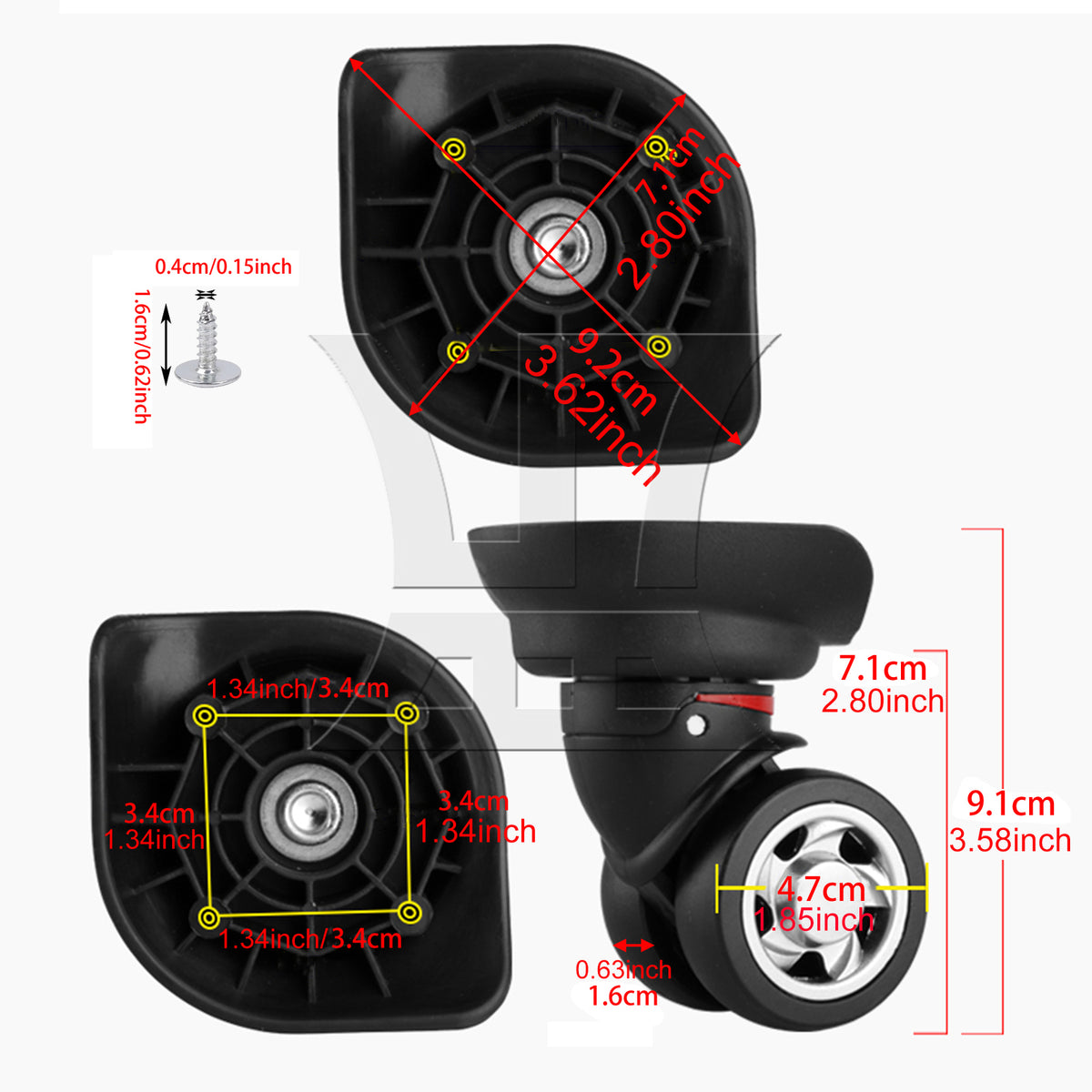 BQLZR Right Black Mute Luggage Wheel Plastic Flexible with 4 Screw Replacement W055