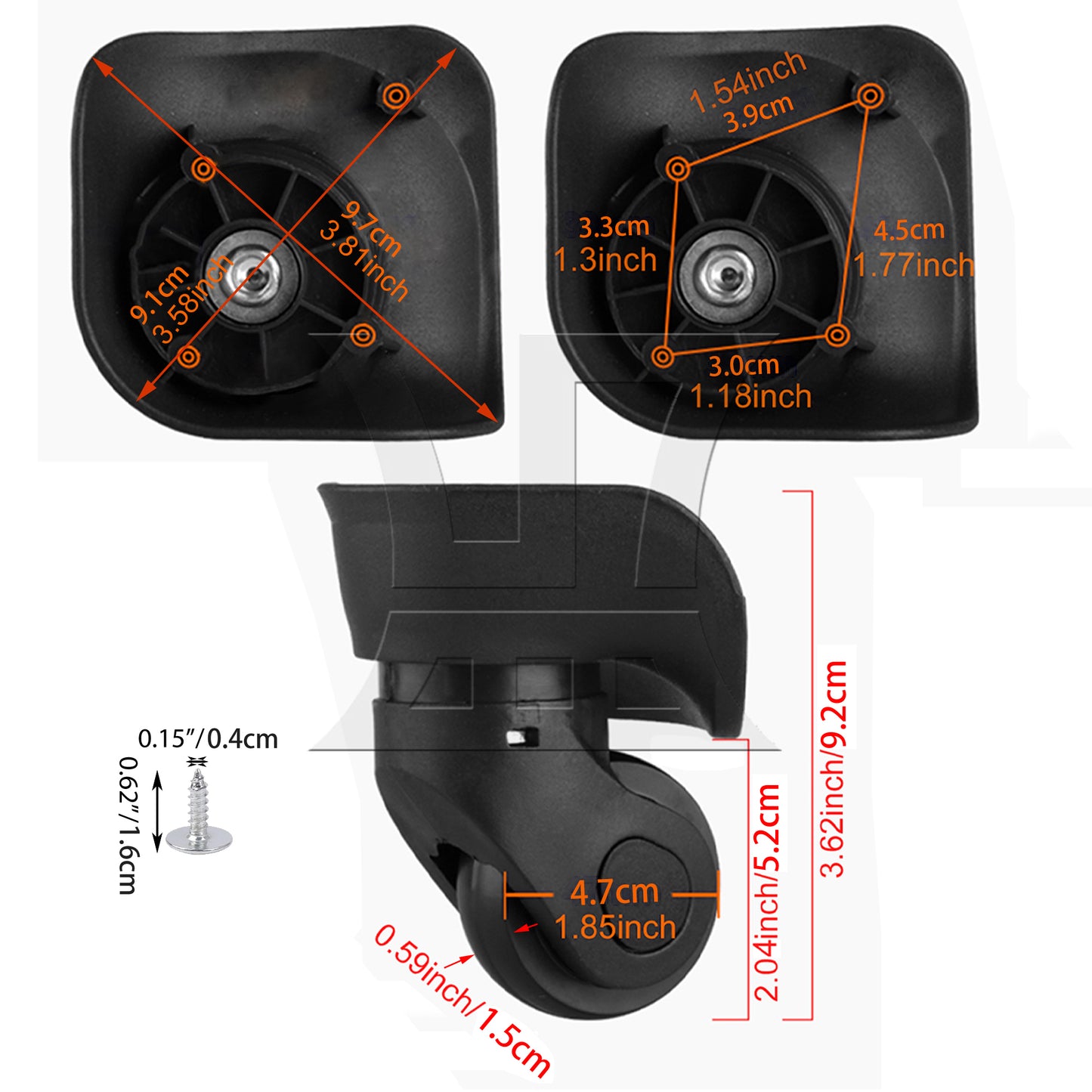 BQLZR Right W041-2S Luggage Wheels 3.62" Overall Height w/ Dual-purpose Screwdriver