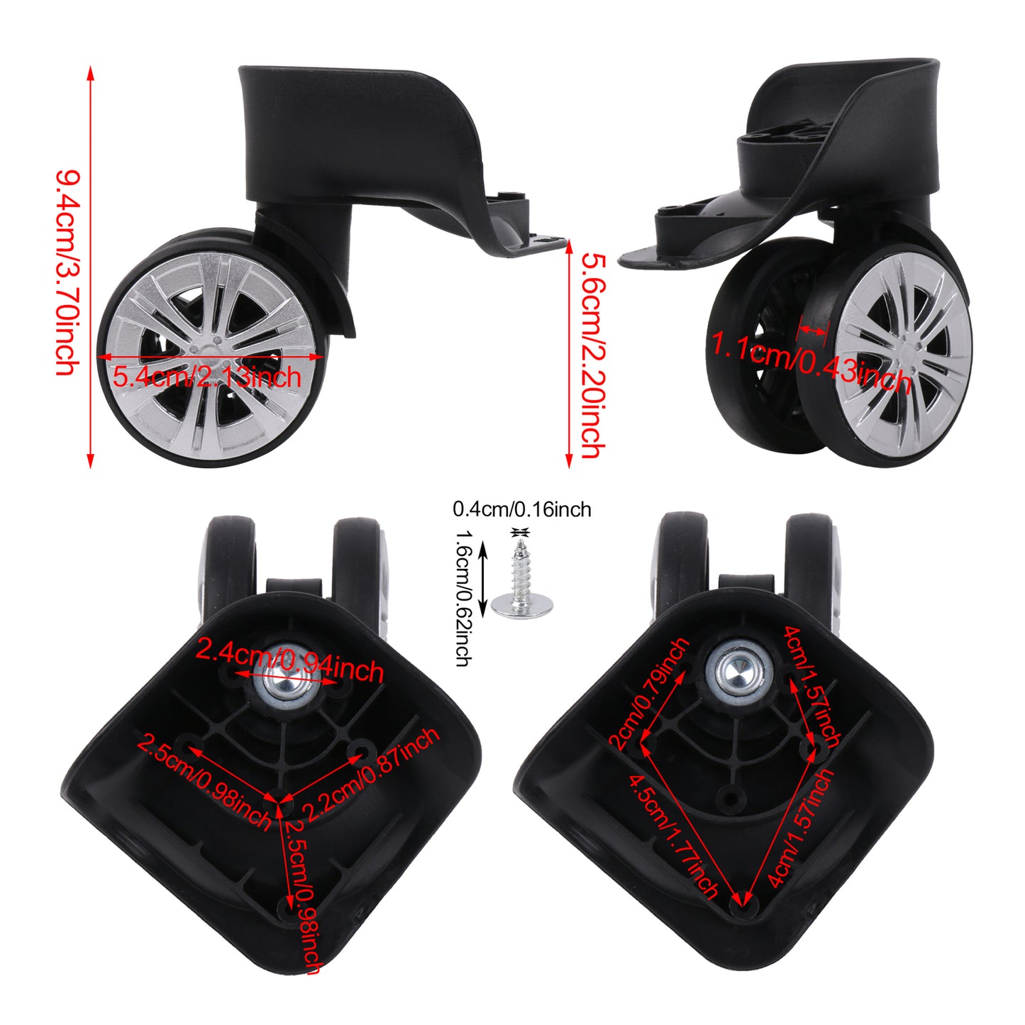 BQLZR 1 Pair Suitcase Repair Parts Wheel 360 Degree Swivel Roller 3.7" 603D Black