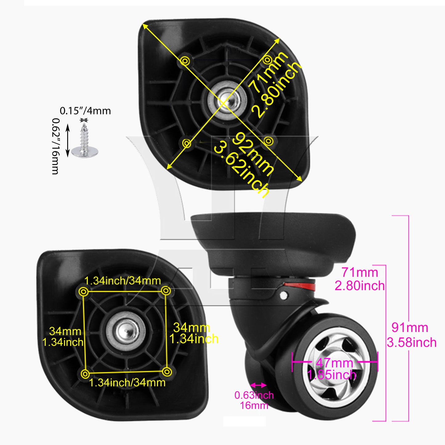 BQLZR Right Luggage Wheel Suitcase Caster for Travel 3.58 Inch W055 with Screw Set