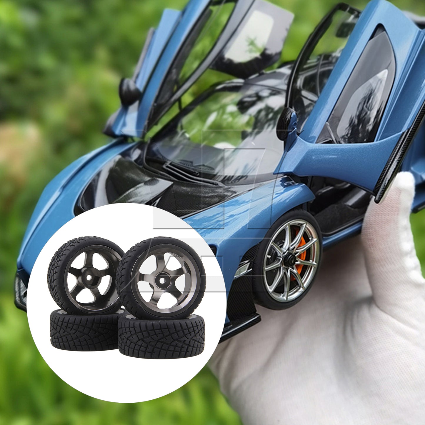 BQLZR 4 x RC1:10 On-Road Car Grey Alloy 5-Spoke Wheel Rim Fish Pattern Rubber Tyre Set