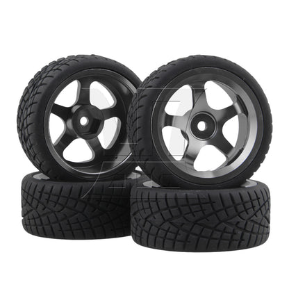 BQLZR 4 x RC1:10 On-Road Car Grey Alloy 5-Spoke Wheel Rim Fish Pattern Rubber Tyre Set