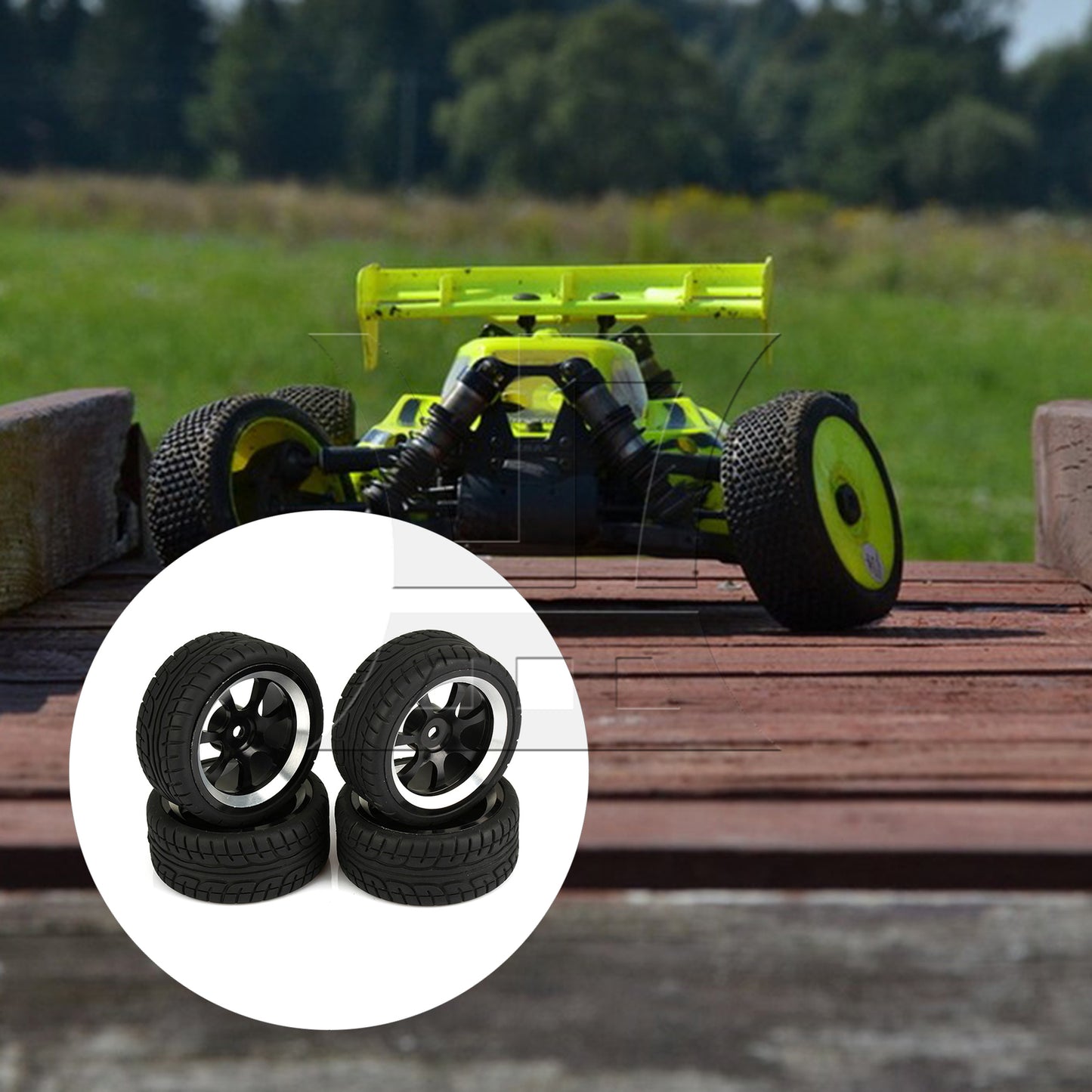 BQLZR 4 x RC 1:10 On-Road Car Plastic Drift Tire Sets & Black Alloy 7-Spoke Wheel Rim