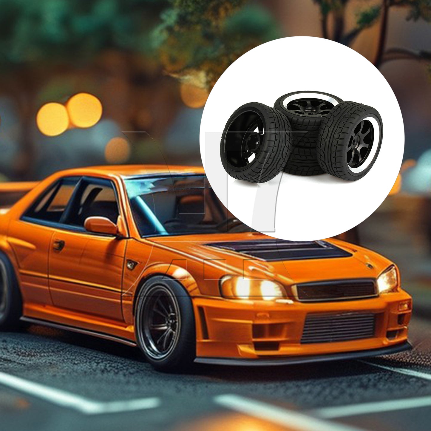 BQLZR 4 x RC 1:10 On-Road Car Plastic Drift Tire Sets & Black Alloy 7-Spoke Wheel Rim