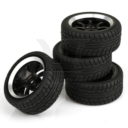 BQLZR 4 x RC 1:10 On-Road Car Plastic Drift Tire Sets & Black Alloy 7-Spoke Wheel Rim