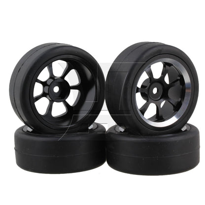 BQLZR 4 x RC 1:10 On-Road Car Plastic Drift Tire Sets & Black Alloy 7-Spoke Wheel Rim