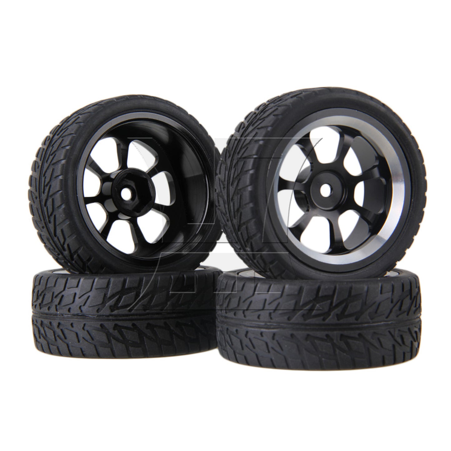 BQLZR 4 x RC 1:10 On-Road Car Plastic Drift Tire Sets & Black Alloy 7-Spoke Wheel Rim