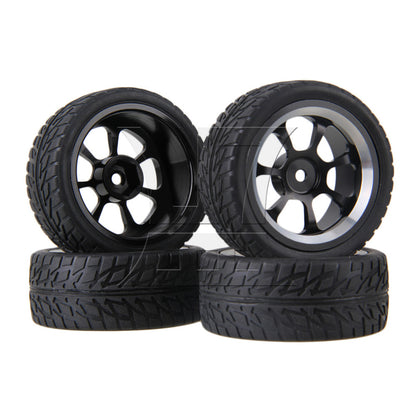 BQLZR 4 x RC 1:10 On-Road Car Plastic Drift Tire Sets & Black Alloy 7-Spoke Wheel Rim