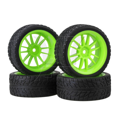 BQLZR  RC 1:10 On-Road Car Rubber Smooth Tires & Green 12-Spoke Plastic Wheel Rims
