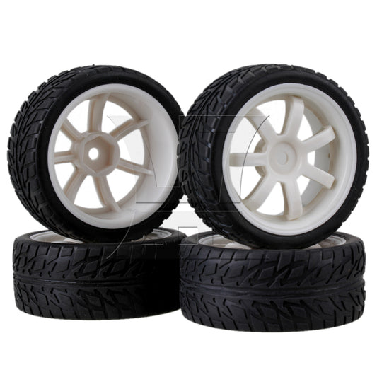 BQLZR RC1:10 On-road Car Black Rubber Tyre & White Plastic 7-Spoke Wheel Rim Pack of 4