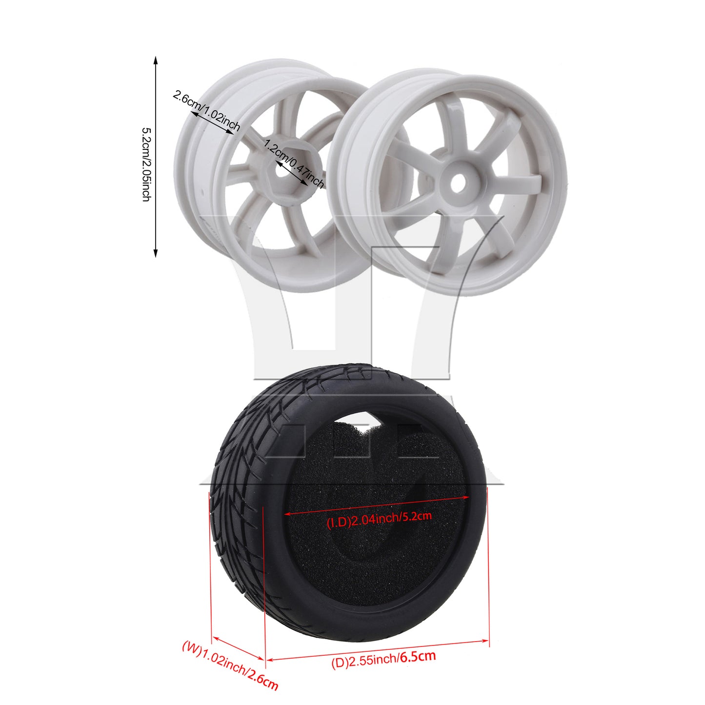 BQLZR RC1:10 On-road Car Black Rubber Tyre & White Plastic 7-Spoke Wheel Rim Pack of 4