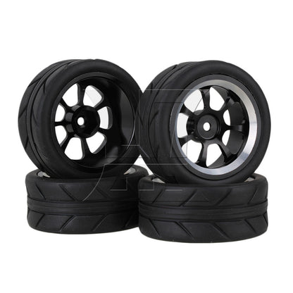 BQLZR 4 x RC 1:10 On-Road Car Plastic Drift Tire Sets & Black Alloy 7-Spoke Wheel Rim