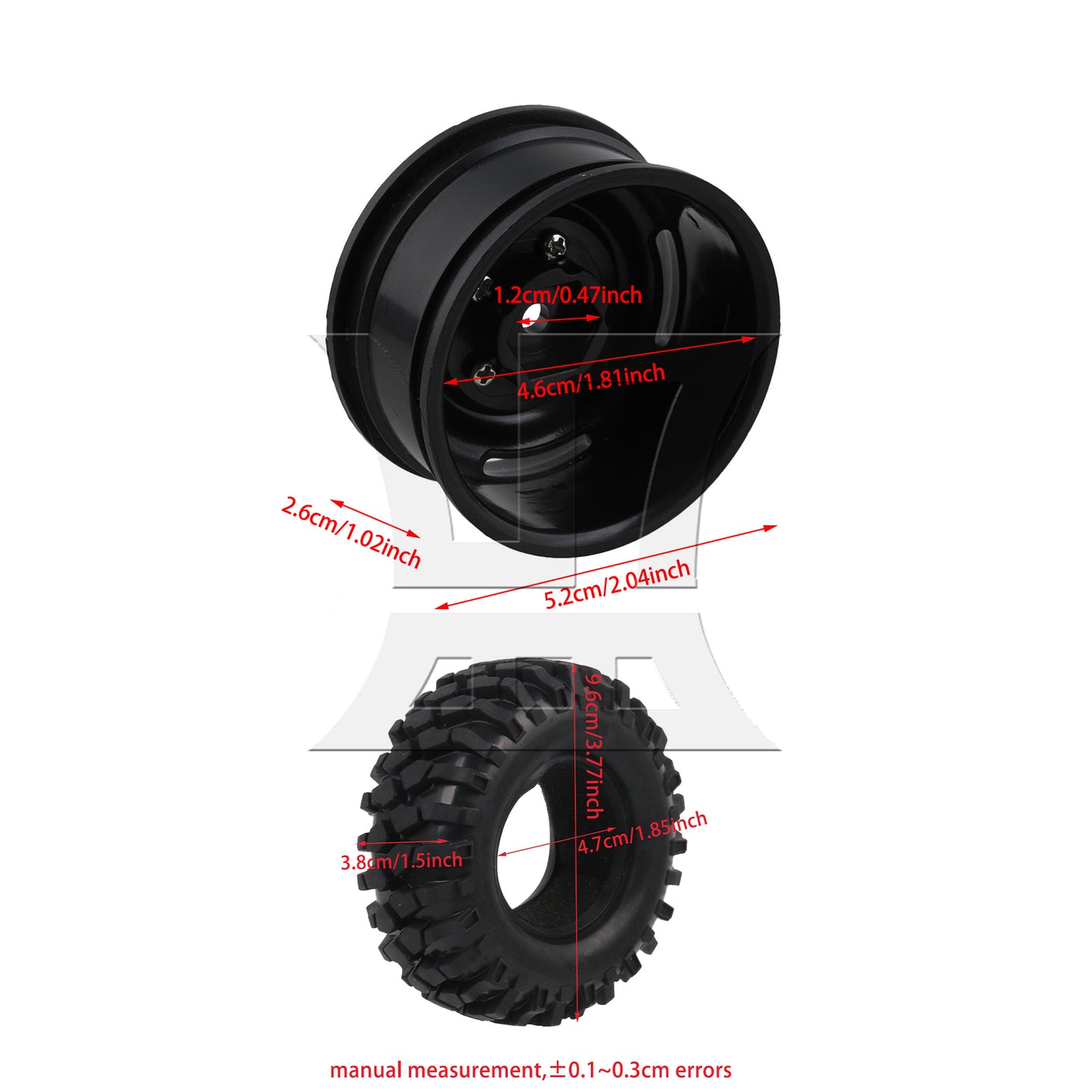 BQLZR Black Plastic Wheel Rims w/Screws Rubber Tires fit RC 1:10 Class Rock Crawler