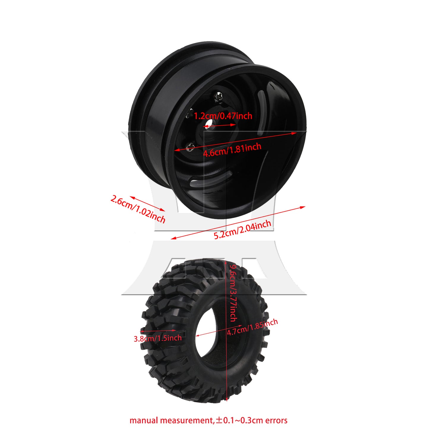 BQLZR 4x Black Plastic Wheel Rims w/Screws Rubber Tires fit RC 1:10 Class Rock Crawler