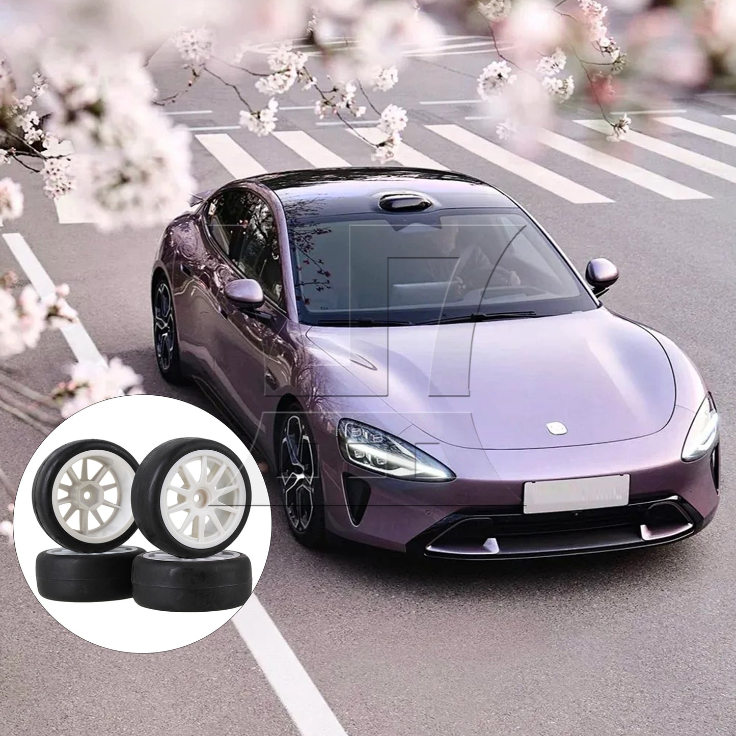 BQLZR  RC 1:10 On-Road Car Smooth Rubber Tire & White 10-Spoke Plastic Wheel Rims